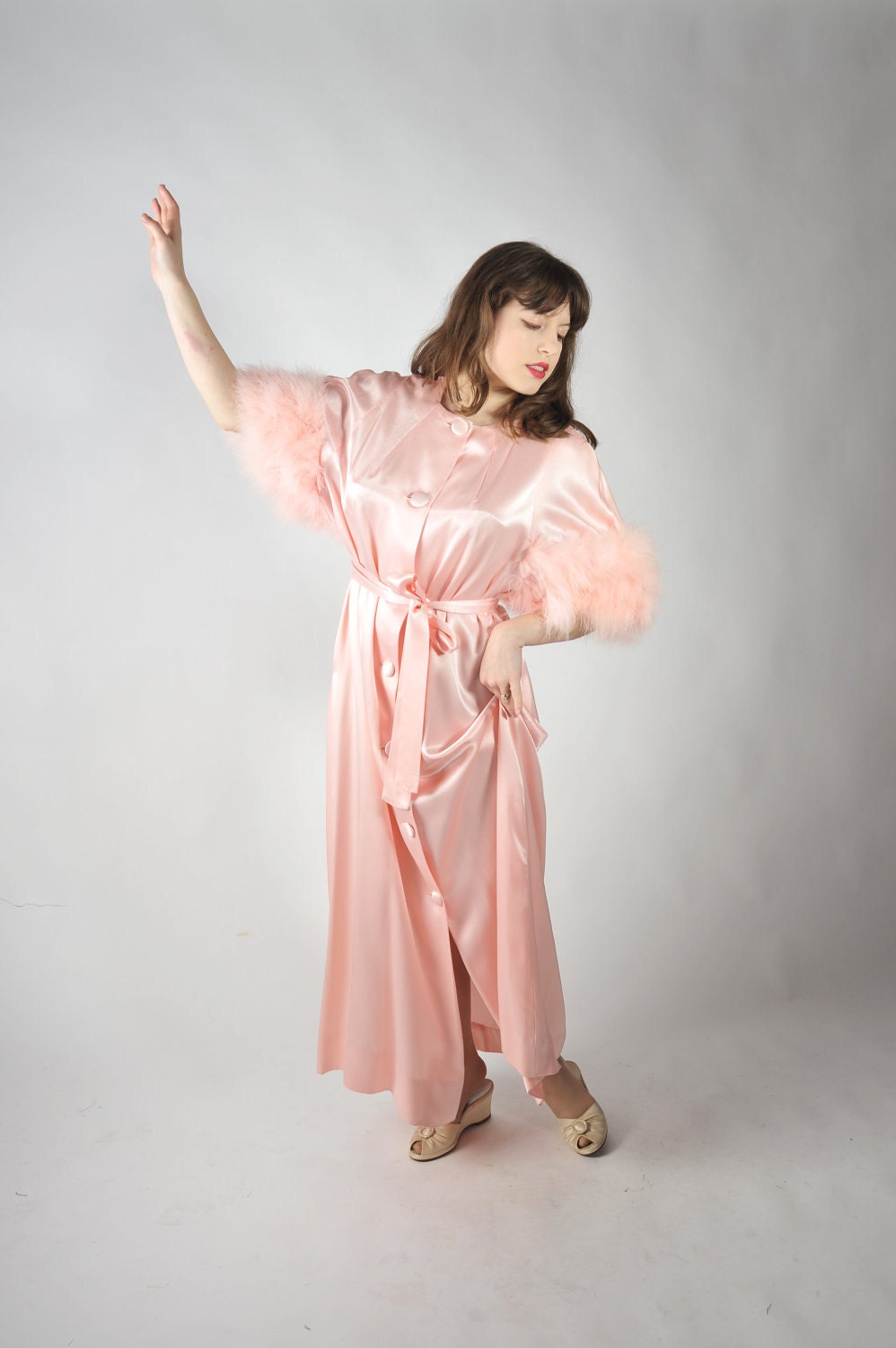 Vintage 1950s Bathrobe // Dramatic Pink Satin Dress Gown with