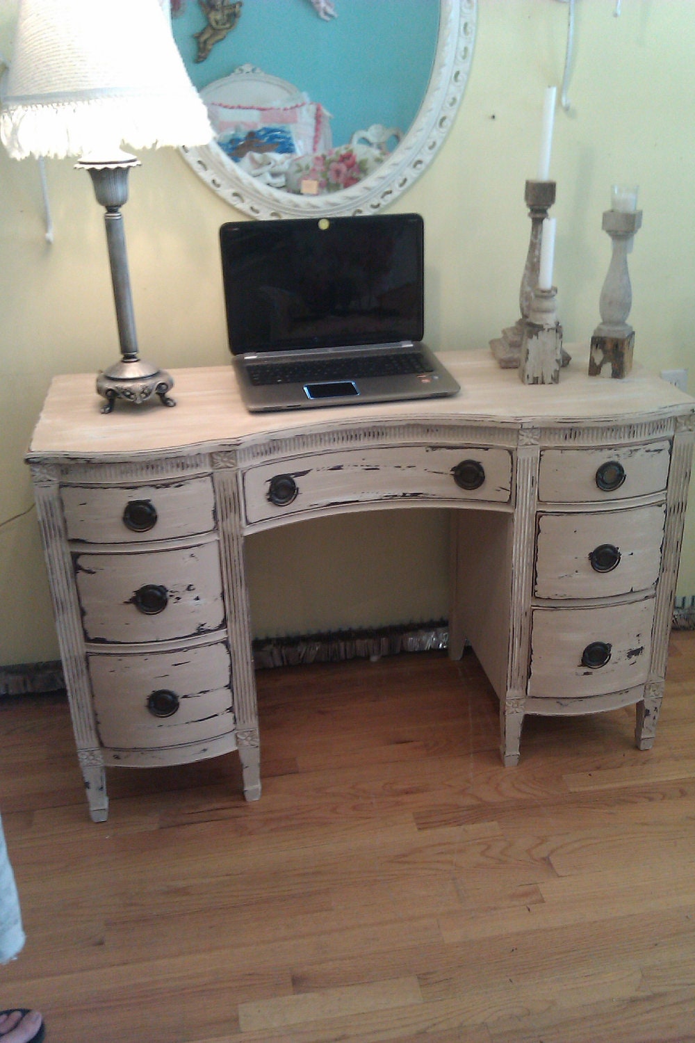 vintage desk vanity shabby distressed chic office computer tan