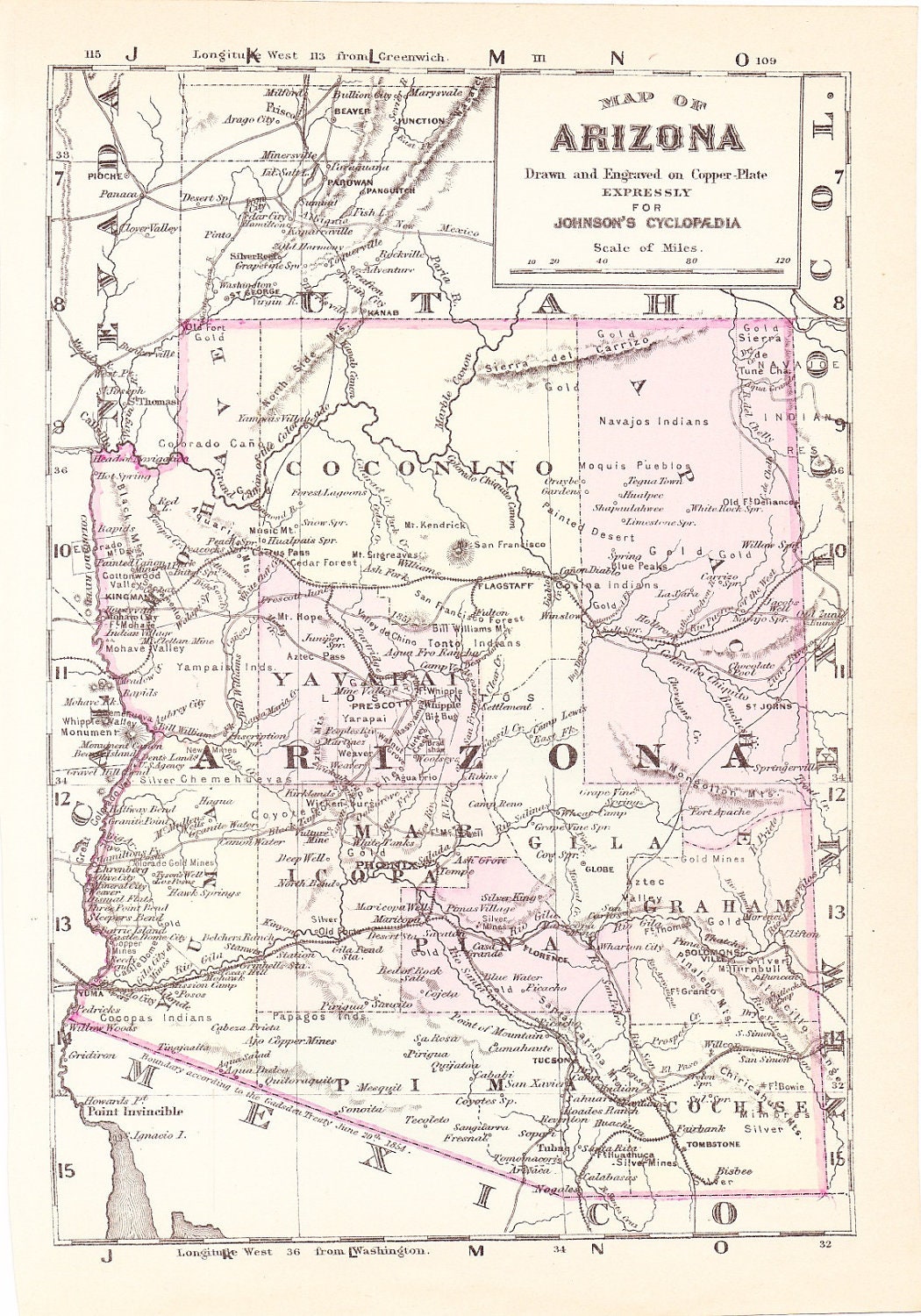 1895 State Map Arizona Vintage Antique Map Great for by Holcroft