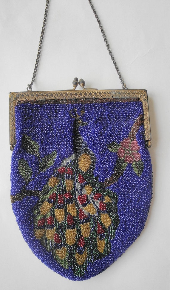 Lovely Vintage Antique Glass Beaded Peacock Purse Handbag