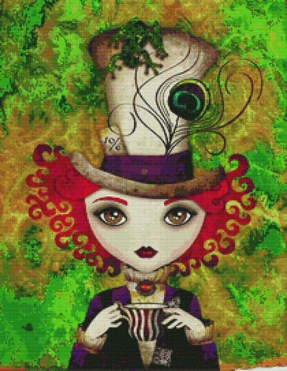 Cross stitch modern art by Sandra Vargas ' Lady Hatter' - Alice in Wonderland cross stitch kit