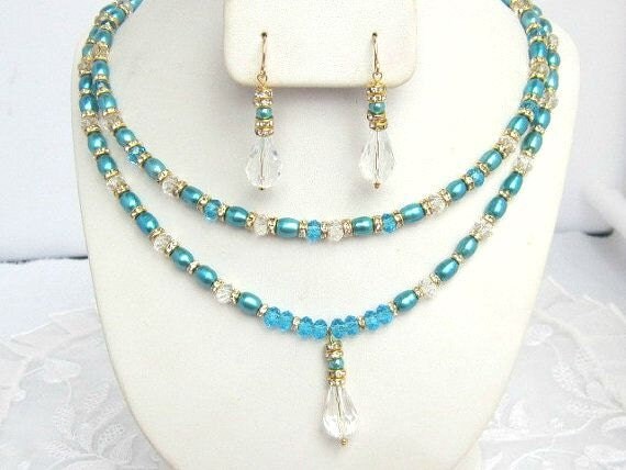 Turquoise Freshwater Pearl and Crystal Double by MoonwitchDesigns