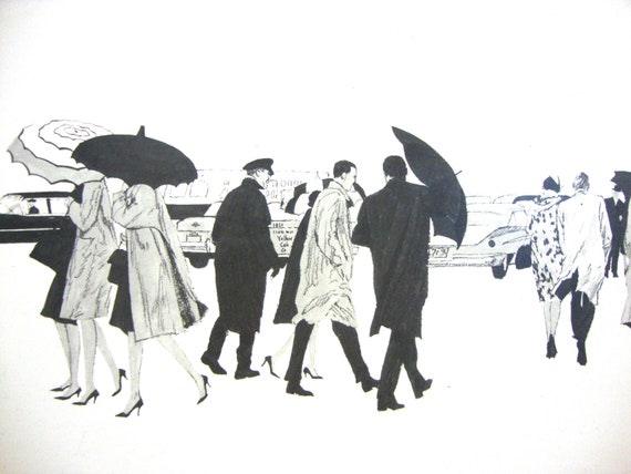original 50s art / midcentury rainy day hanging