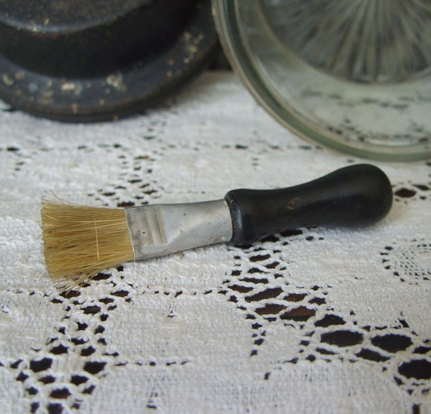 Antique Handy Paste Glass Jar with Brush School Glue Tin Lid