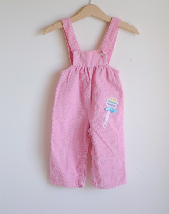 Vintage Baby Girl Overalls Pink Corduroy Baby RATTLE 6m