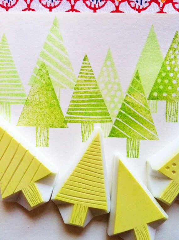 winter forest rubber stamp set. cedar tree hand carved rubber