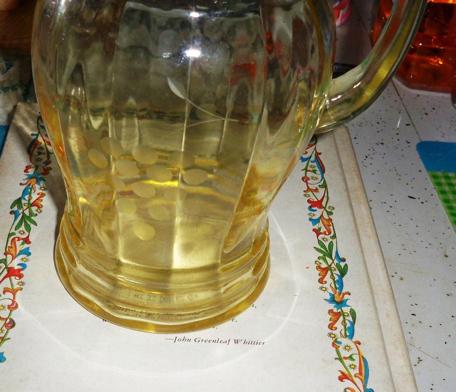 Yellow Glass Depression Glass Juice Pitcher Etched Grapes