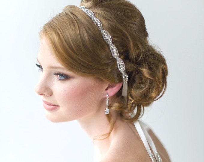 Wedding Headpiece, Bridal Beaded Headband, Bridal Rhinestone Headband, Wedding Crystal Ribbon Headband