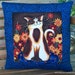 Quilted Pillow Blue Folk Art Cat with Flowers 14" X 14"