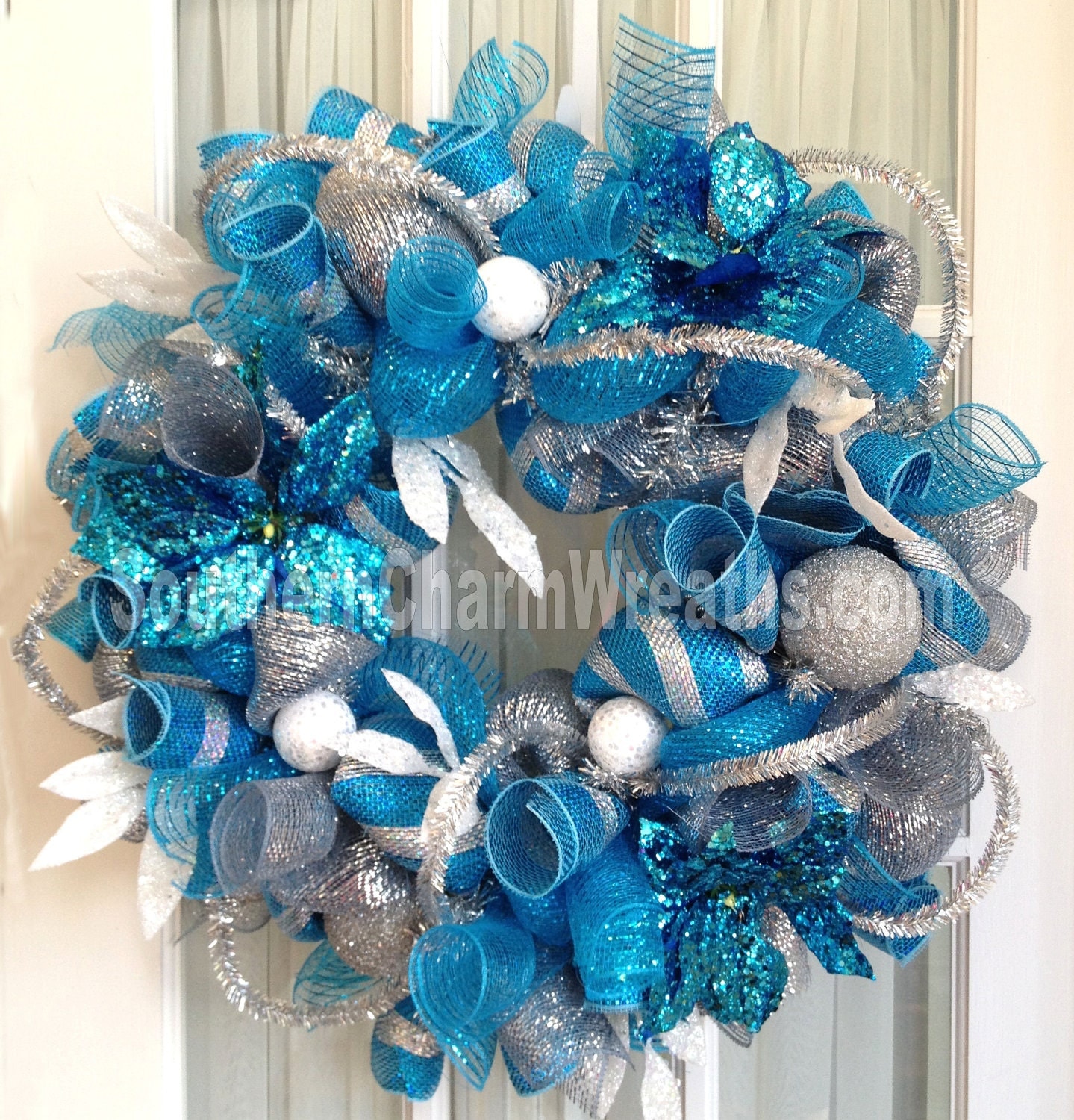 Deco Mesh BLUE CHRISTMAS Wreath For Door or Turquoise Silver