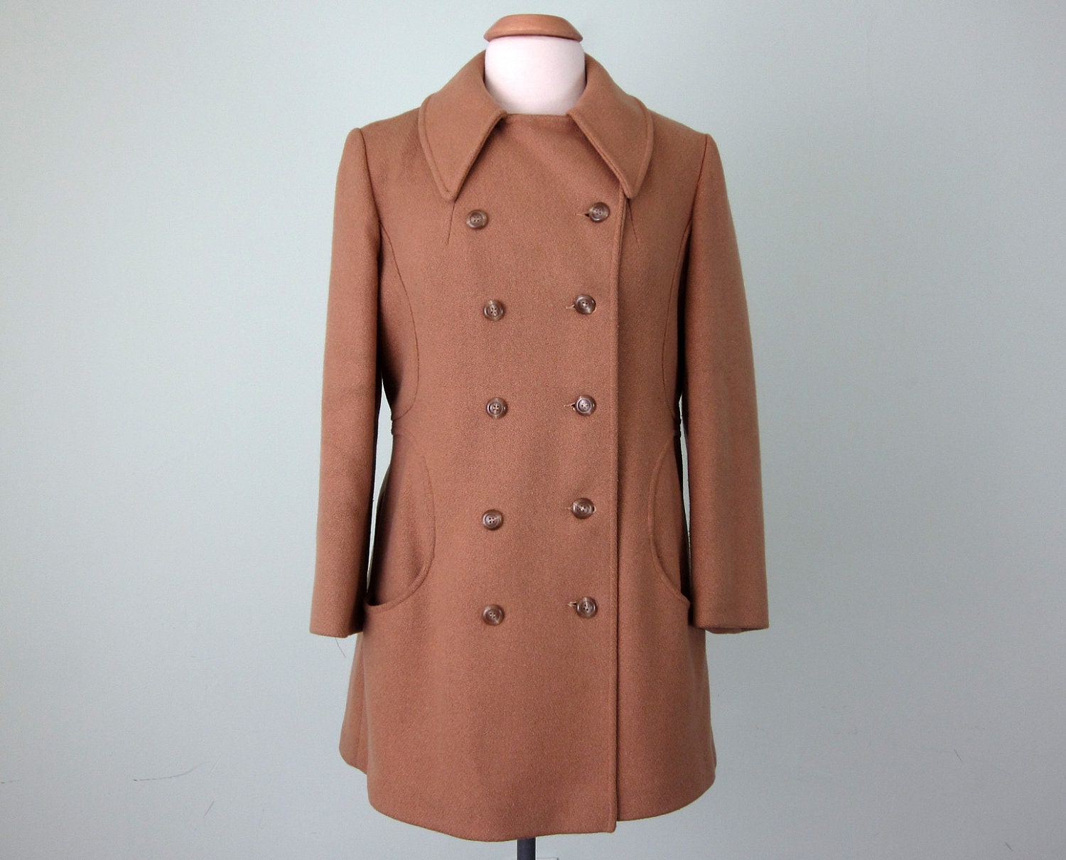 60s coat / wool camel double breasted pea coat by SallyJaneVintage