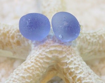Eco friendly Jewelry Cornflower sea glass stud earrings .925 Silver plated Earring post