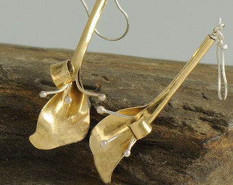 Calla Lily Earrings, Mixed Metal Earrings, Formed Metal Earrings