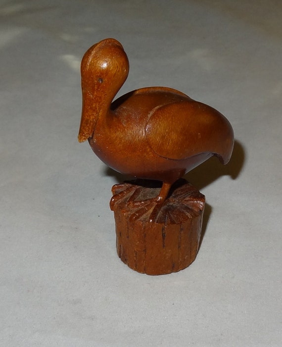 Vintage Hand Carved Wooden Pelican on a Piling from the 1930s