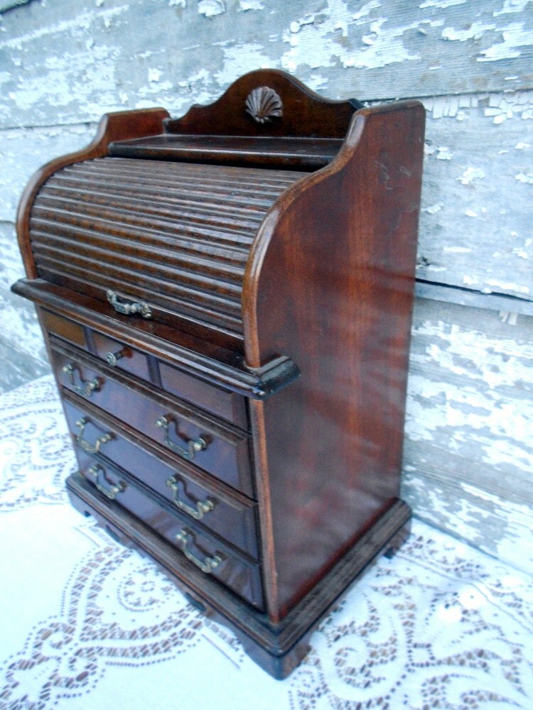 Vintage Wood Jewelry box Roll top Desk style large and