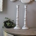2 Tall upcycled WHITE shabby chic wooden candle sticks ... romantic cottage