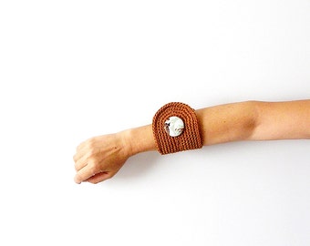 Nut Brown Wrist Cuff with Vintage Floral Fabric Button OOAK