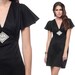 RESERVED 70s Black Dress Flutter Sleeve Mini White Crochet Babydoll Party Boho Deep V Neck 1970s Disco Grecian Vintage Dolly Dress