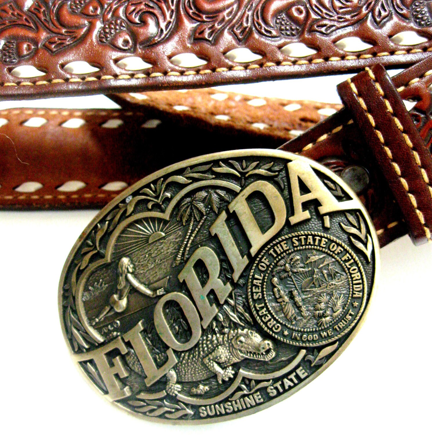 Vintage Florida Brass Belt Buckle Hand Tooled Leather Belt