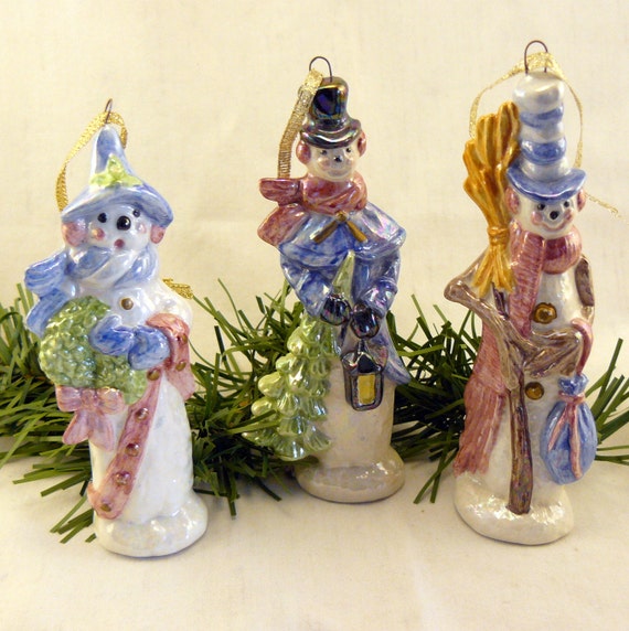 Ceramic Oakknob Snowman Ornament Set of by GrapeVineCeramicsGft