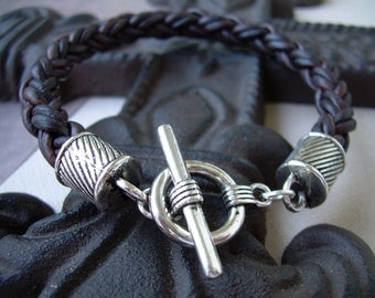 Mens Natural Antique Brown Toggle Closure Leather Bracelet