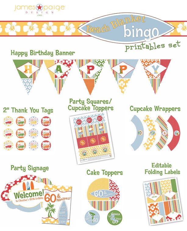 SALE Beach Blanket Bingo 60th Birthday Printables Set Any
