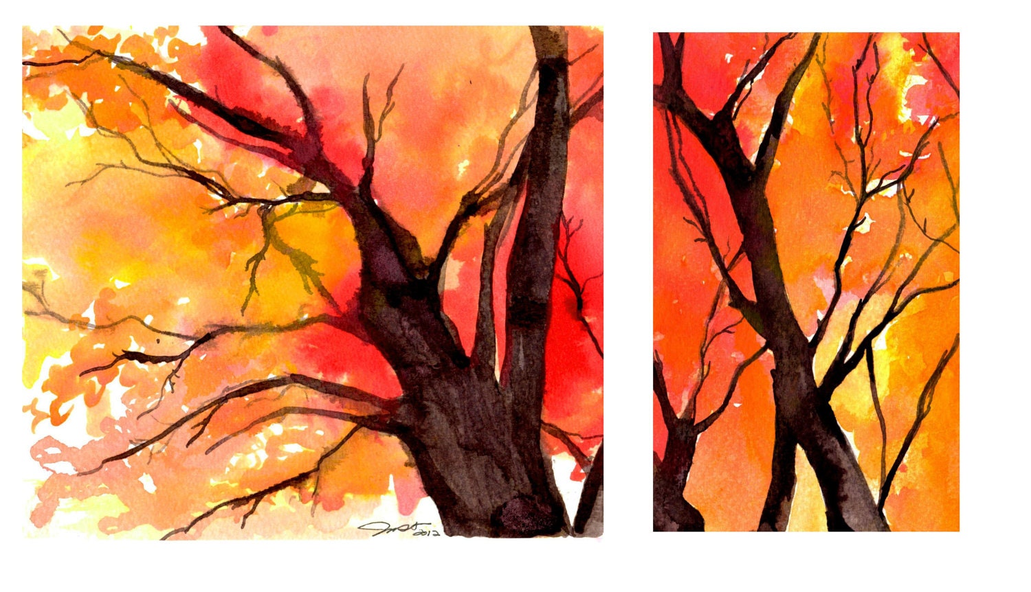 Original pair of Autumn tree watercolor studies by Jessica