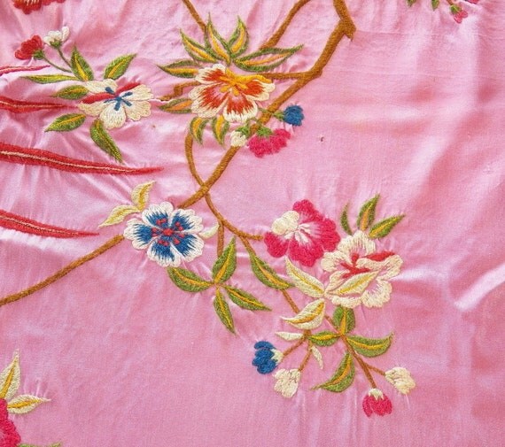 Vintage Bright Pink Silk Tablecloth Embroidery Flowers Bird