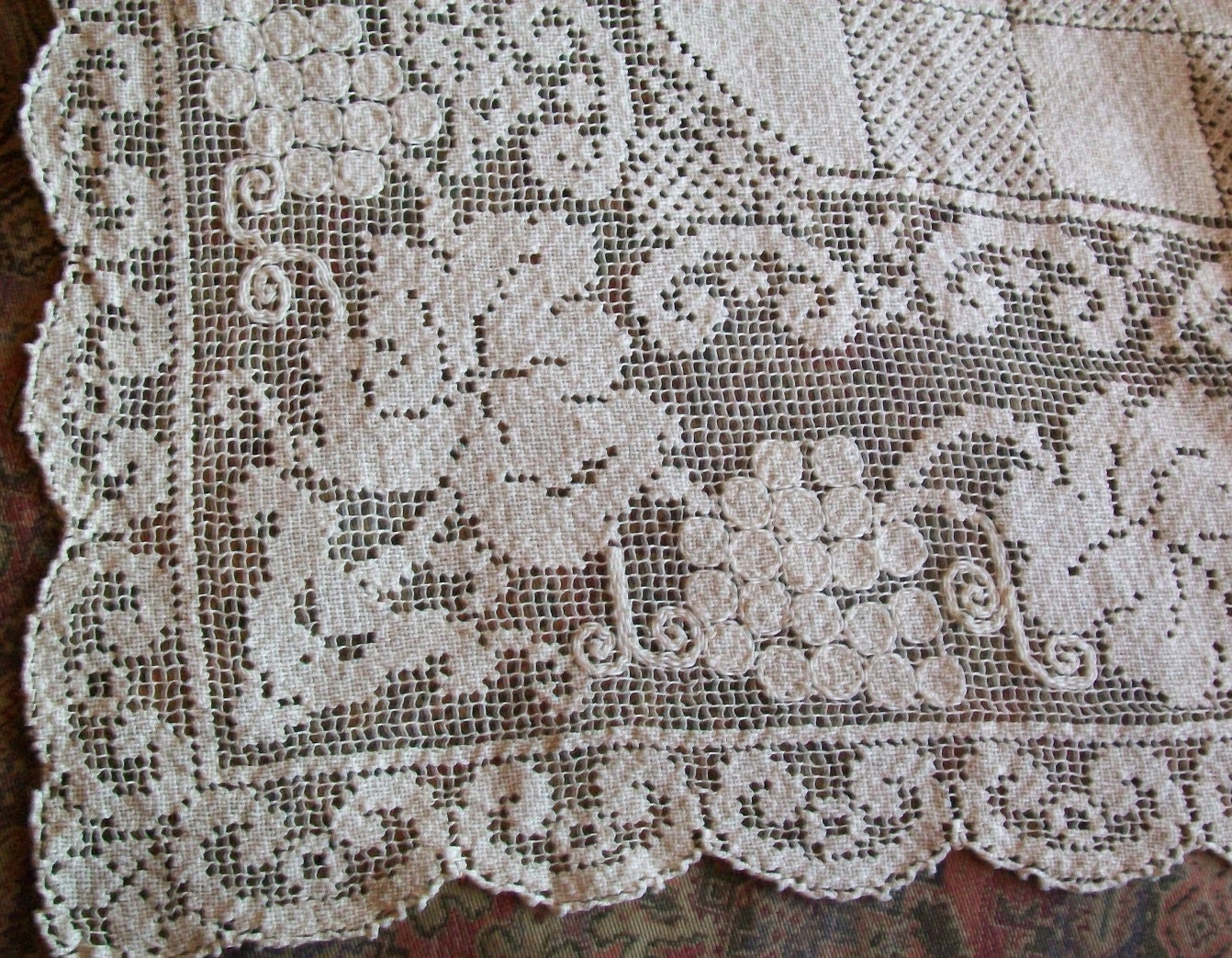 Vintage Filet Lace Tablecloth Rectangle Ecru Beige Net