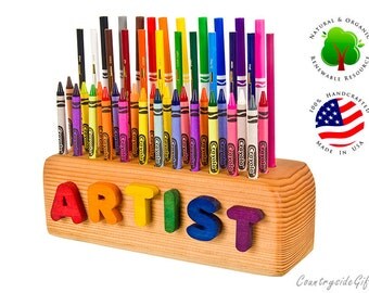 Crayon, Pencil, Marker Holder - Natural & Organic Wooden 24ct Crayon, 10ct Marker and 12ct Pencil Holder