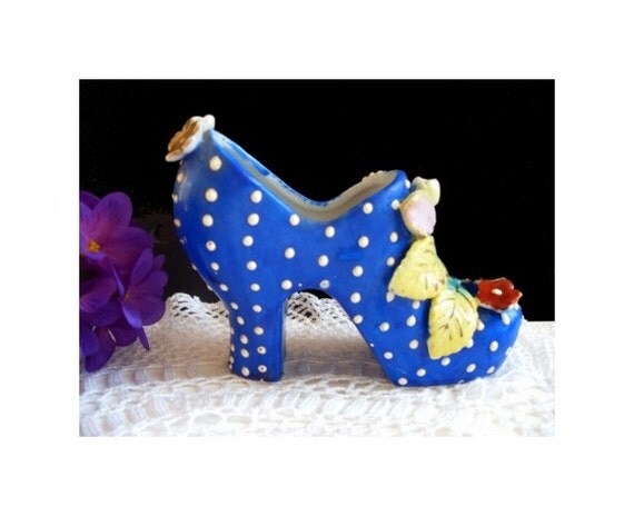 Ladies HIGH HEEL SHOE Planter or Vase With Flowers and Polka Dots