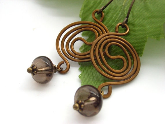 Earrings bronze swirl and smoky quarz bead by BlueForestJewellery