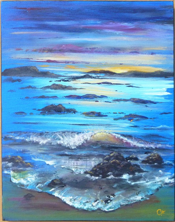 Ocean sunset painting Neon seas 11x14 acrylic by TheEscapeArtist