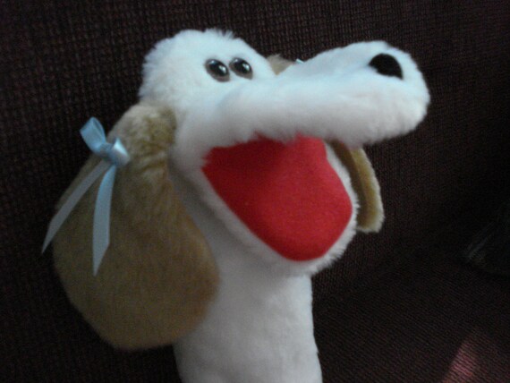 White Dog tan ears satin bows hand puppet by puppetsbymargie