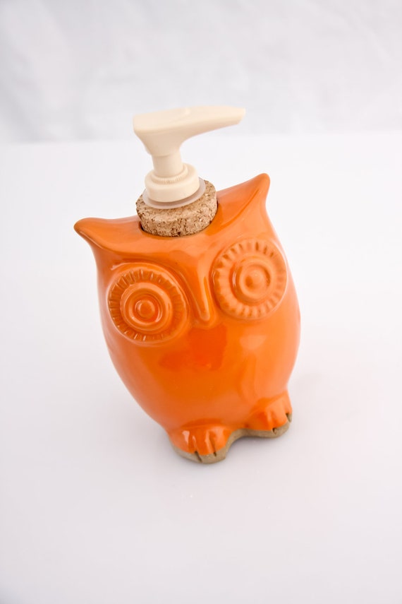 Owl Soap dispenser  in tangerine orange fall Halloween home decor