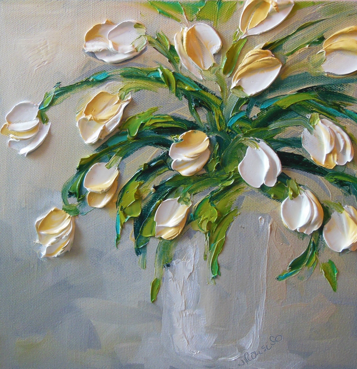 Oil Painting Art White Tulips Impasto on Canvas Jan Ironside