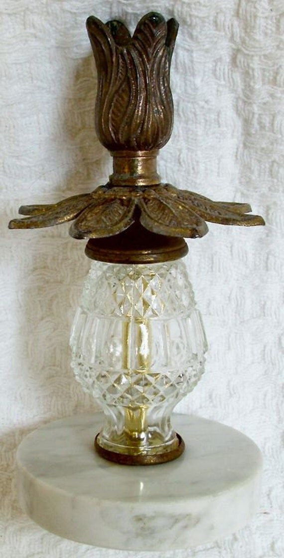 Vintage Brass Marble Ornate Candle Holder Pressed Glass