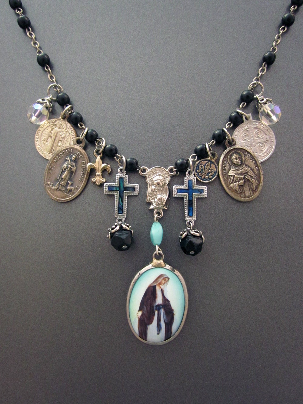 Vintage Religious Medal Charm Necklace Statement Necklace