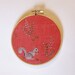 Hoop art/ embroidered vintage coral squirrel linen