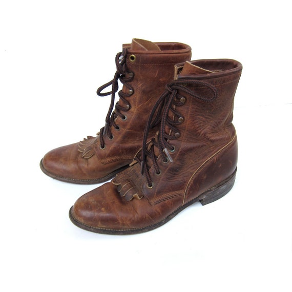 Items similar to Vtg Women's Brown Leather Justin Lace Up Boots size 6 ...