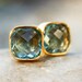 Gold Teal Green Quartz Stud Earrings - Cushion, Square Cut - Post Setting
