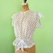 Moving SALE 30% Off Vintage 70s Sheer White Gauze Blouse Peplum Waist Ribbons Embroidered Polka Dot Short Sleeve Top