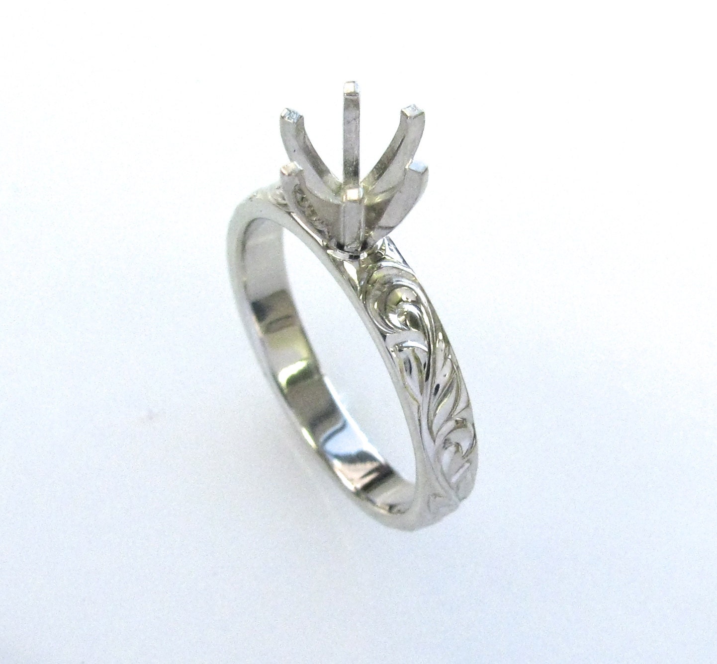 Hand Engraved Engagement Ring with Vine and Leaf Hand
