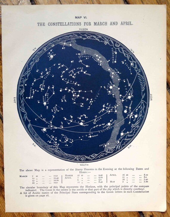 1887 march april constellations star map original vintage