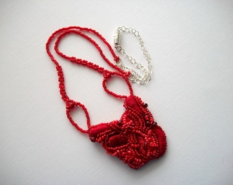Red Mixed Media Pendant on Red Beadwoven and Silver Plated Necklace Wearable Art One of a Kind