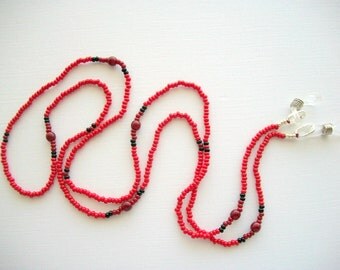 Red Eyeglass Holder Beaded Necklace or Lanyard with Mahogany Beads