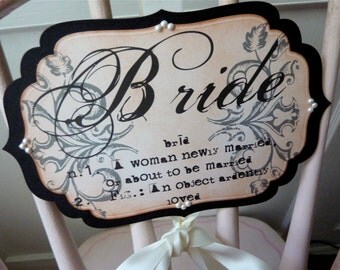 Vintage Bride Groom Chair Signs, Wedding Signs, Set of Two with Pearls