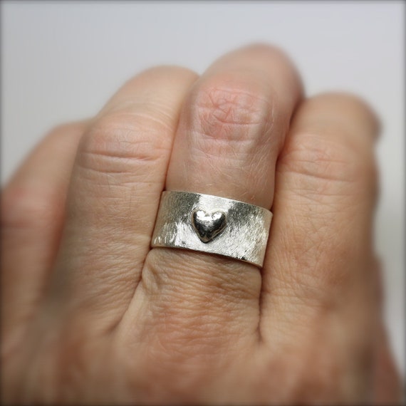 Heart Imprint Ring 3D Wide Sterling Silver Love Wedding