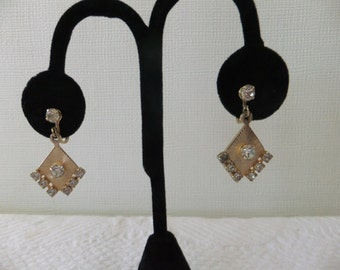 Vintage Earrings Screw Back Gold Tone Diamond Shape with Rhinestones Retro Costume Jewelry