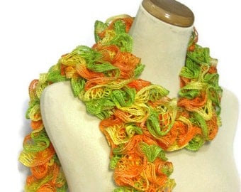 Sale Hand Knit Ruffled Scarf, Gift For Her, Fashion Accessory, Women Accessory, Knit Scarf, Hand Knit Scarf, Green Orange Yellow
